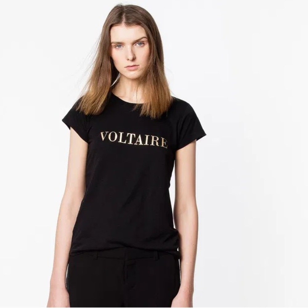 Zadig and Voltaire Skinny Logo Metallic TShirt Gold Black Short Sleeve SHTS1810F